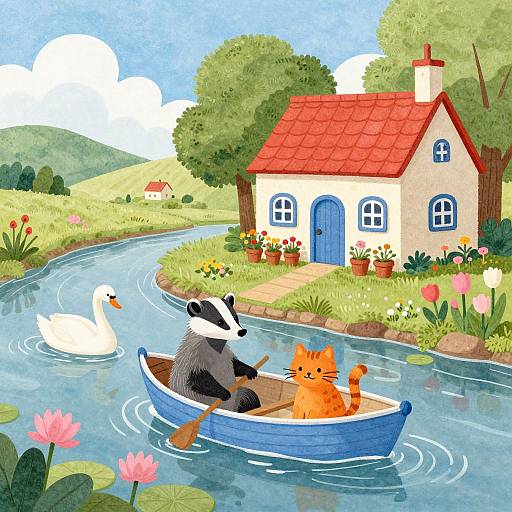 Colorful illustration of a black and white badger rowing a blue boat with an orange cat, passing a white swan on a flowing river,