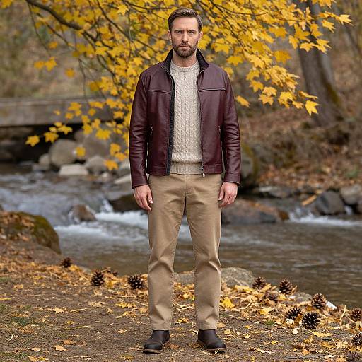 Photograph of a bearded man with short brown hair, wearing a dark leather jacket, white sweater, beige pants, and black boots, standing in