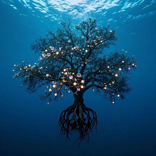 Underwater digital artwork of a silhouetted tree with glowing fairy lights and ornaments, surrounded by deep blue water and sunlight.