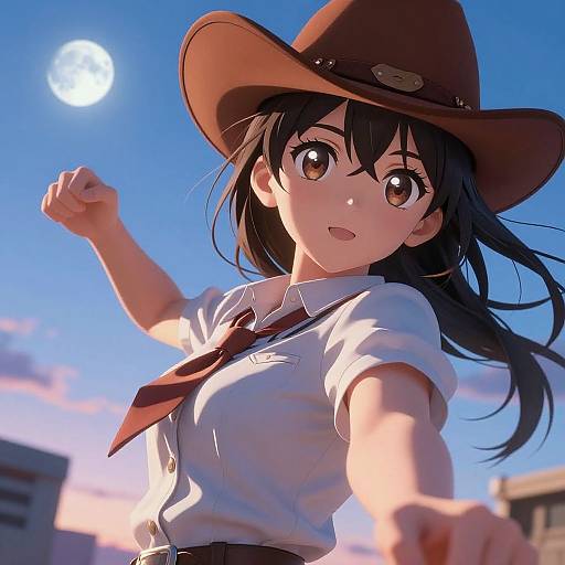 Anime-style digital illustration of a cute, brown-eyed girl in a white shirt, red tie, and brown hat, reaching out against a clear blue sky