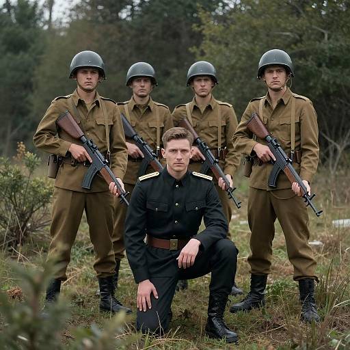 Soldiers in Grassy Forested Field