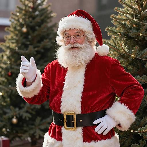 Photograph of a jovial Santa Claus with white beard, glasses, and red velvet suit, waving cheerfully in front of decorated Christmas trees.