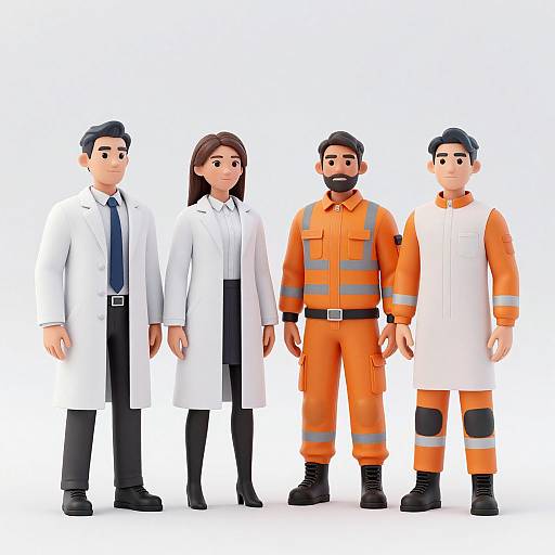 Digital illustration of four cartoon-style characters: two men in white lab coats, one in orange safety uniform, and one in white and orange workwear,
