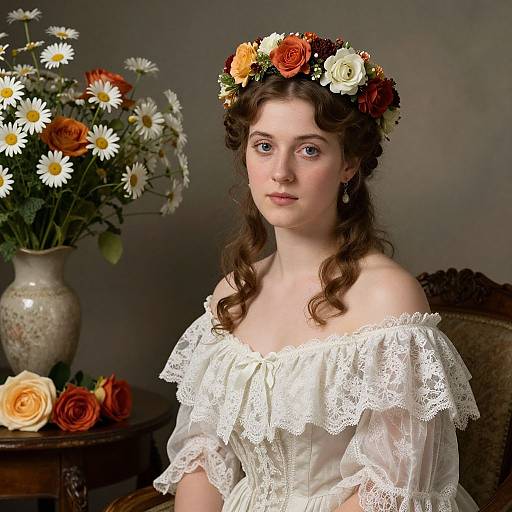Photograph of a young woman with fair skin and curly brown hair, wearing a white lace off-shoulder dress and floral crown, seated beside a