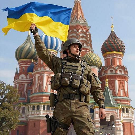 Photograph of a male soldier in camouflage, helmet, and tactical gear, waving Ukraine flag in front of colorful Kremlin towers.