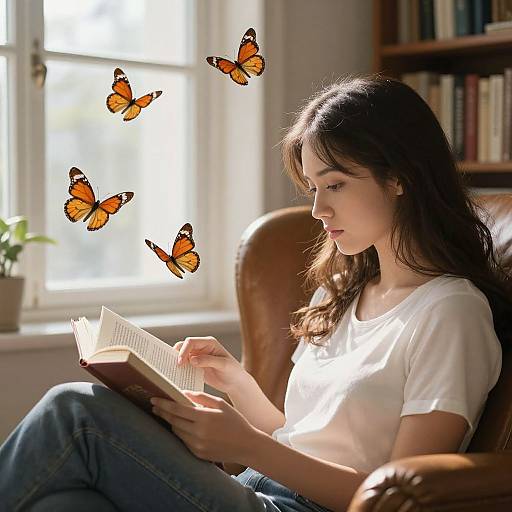 Photograph of a young woman with long brown hair, reading in a sunlit room, surrounded by four orange butterflies.
