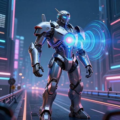 CGI image of a futuristic, silver humanoid robot with glowing blue energy sphere in its chest, standing on a neon-lit, empty city street at