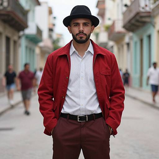 Photograph of a bearded man with medium skin tone, wearing a black hat, red jacket, white shirt, and brown pants, standing confidently on