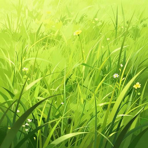 Digital illustration of a sunlit grassy field with tall green blades, scattered white daisies, and bright yellow wildflowers, bathed in radiant