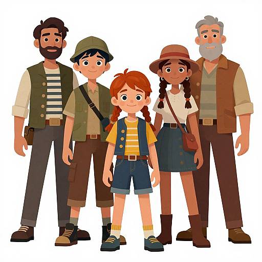 Cartoon illustration of a diverse family: bearded father, young son, red-haired daughter, dark-skinned girl, and gray-haired grandfather, all