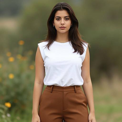 Photograph of a young woman with long dark hair, brown eyes, wearing a white sleeveless top and high-waisted brown pants, standing outdoors