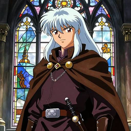 Anime-style drawing of a white-haired male knight with a serious expression, brown cloak, and belt, standing before a colorful stained glass window.