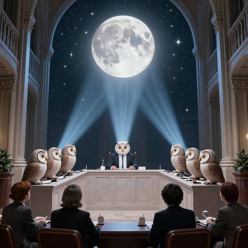 Photograph of a formal presentation with a speaker in a suit, flanked by six large owl statues, under a glowing full moon, in an orn