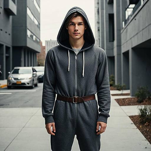 Young man in dark gray hooded romper on urban street