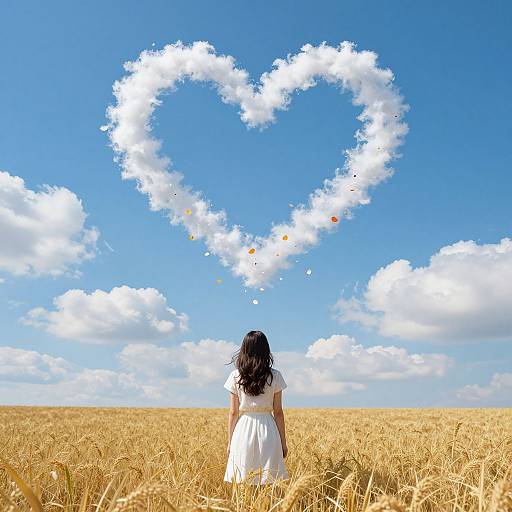 Photograph of a woman in a white dress standing in a golden wheat field, facing a blue sky with a heart-shaped cloud formation and floating flowers.