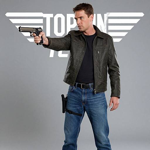 Photograph of a serious, short-haired man in a black leather jacket, black shirt, and blue jeans, pointing a gun, with a 