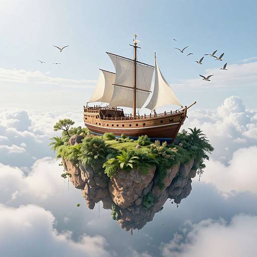 Digital illustration of a wooden pirate ship with white sails, floating on a lush, green island cliff amidst fluffy clouds and flying birds.