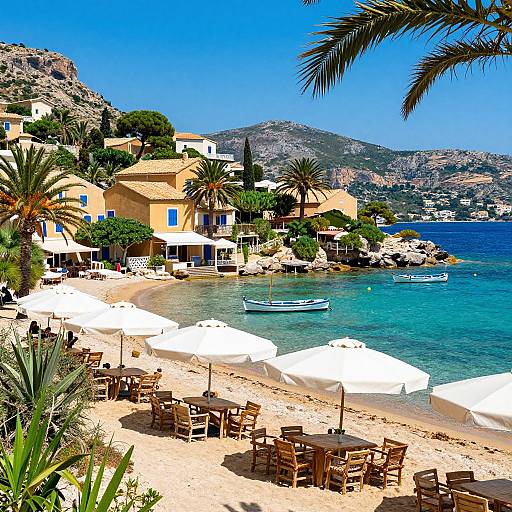 Photograph of a sunny Mediterranean beach with white umbrellas, wooden chairs, yellow buildings, palm trees, calm blue sea, and distant mountains.