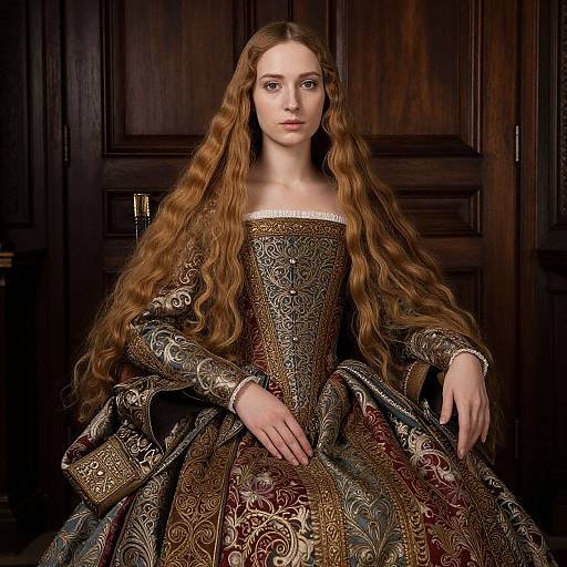 Photograph of a young woman with long, wavy auburn hair wearing an elaborate, ornately patterned Renaissance-style dress, standing against dark