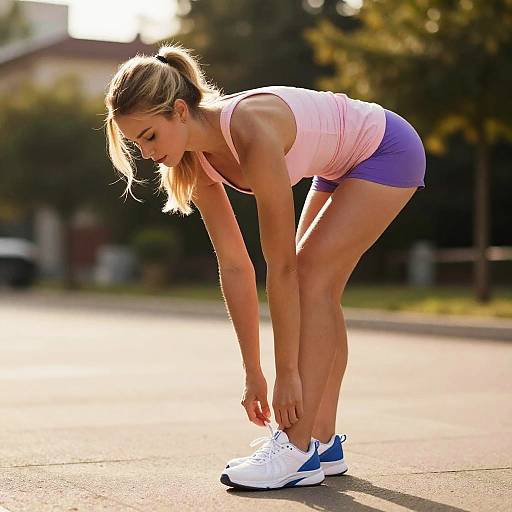 Sunlit Athletic Woman Tying Sneakers