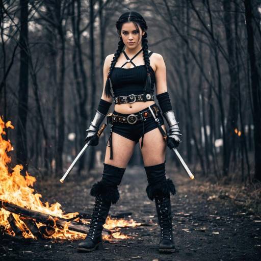 Woman in Fire-Themed Warrior Costume with Twin Braids