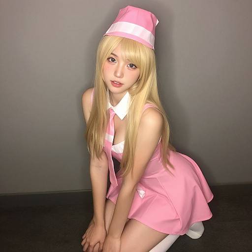 Photograph of a blonde woman in a pink nurse costume, kneeling on a dark floor against a gray wall, with a pink hat and white collar,