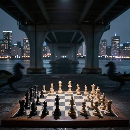 Chess Match Beneath Dimensional Bridge
