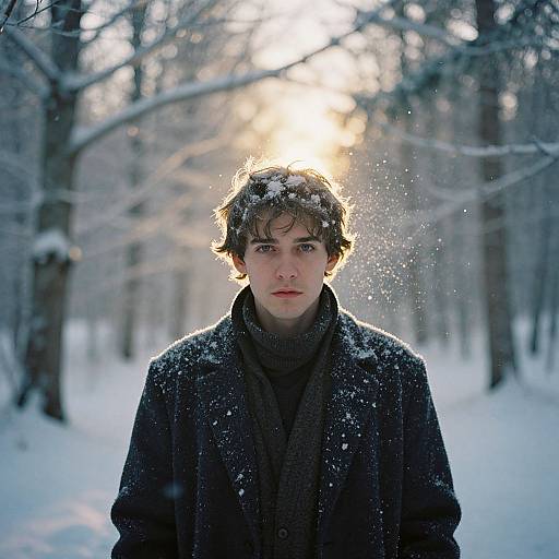 Photograph of a young man with curly brown hair, wearing a dark coat and scarf, standing in a snowy forest, sunlight behind him, snowfl