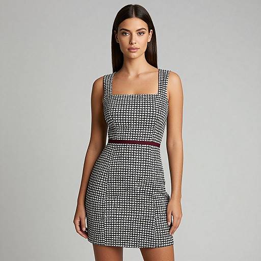 Photograph of a slender woman with long black hair, wearing a sleeveless, black-and-white houndstooth mini dress, standing against a plain