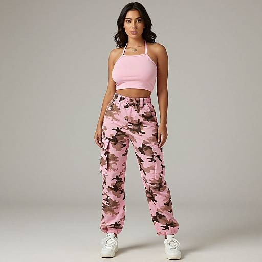Photograph of a confident woman with medium brown skin and black wavy hair, wearing a pink crop top and pink camouflage pants, standing against a plain