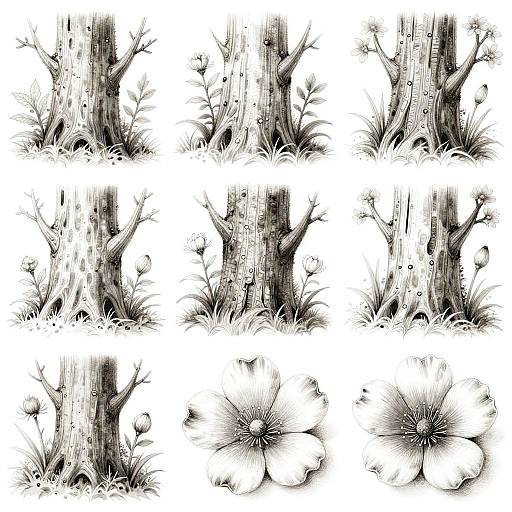 Black-and-white manga-style digital illustration of six tree trunks with detailed roots and grass, interspersed with large, blooming flowers.