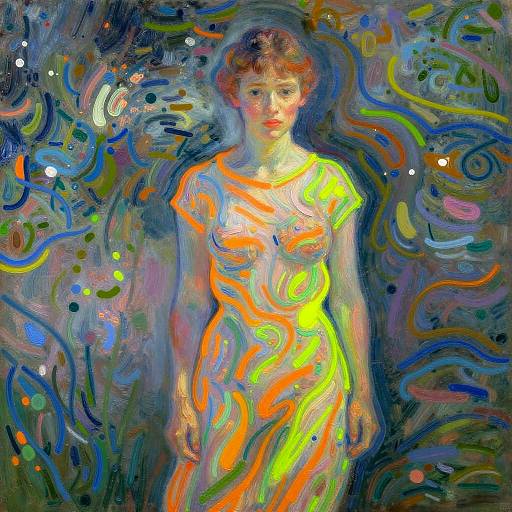 Vibrant, abstract expressionist painting of a woman with short brown hair, wearing a glowing, swirling, neon-colored dress, set against a dynamic