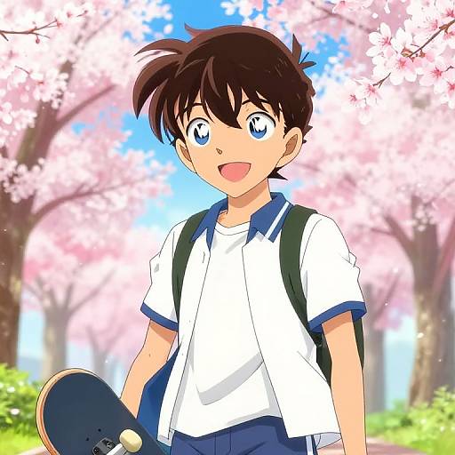 Anime-style digital drawing of a young boy with brown hair and blue eyes, wearing a white shirt, blue shorts, and backpack, holding a skateboard,