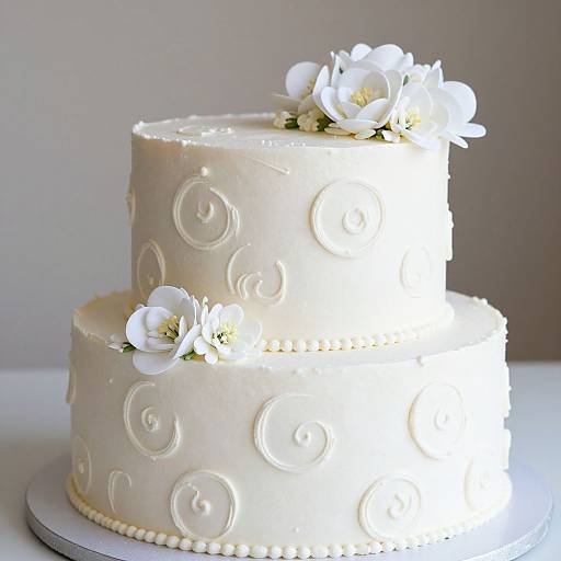 Photograph of a two-tiered white wedding cake with spiral embossing, pearl border, and white floral decorations on top.