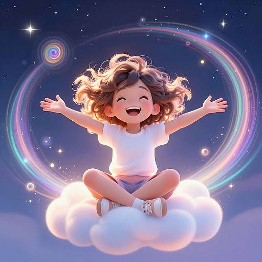 Digital illustration of a joyful Asian girl with wavy brown hair, wearing a white shirt and blue shorts, sitting on a glowing cloud, arms outst