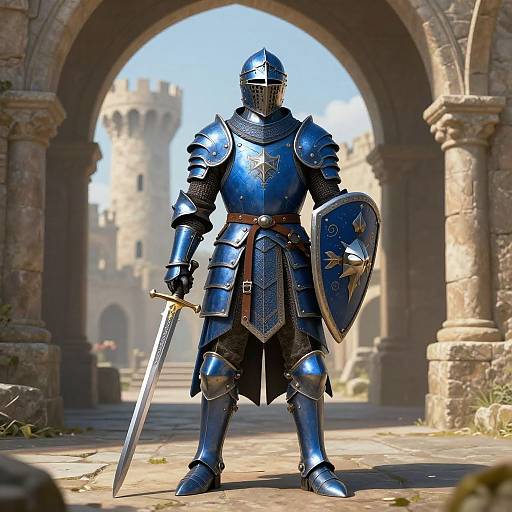 Photorealistic CGI of a blue-armored knight with a sword and shield, standing in a sunlit stone archway, castle in background.