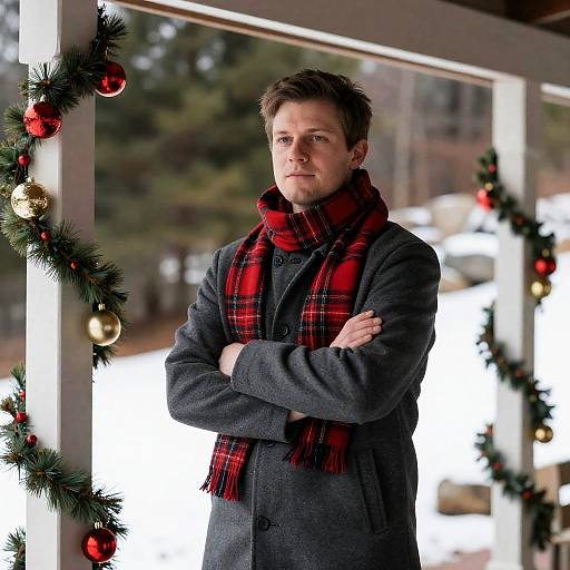 Cozy Christmas Scene with Man on Porch