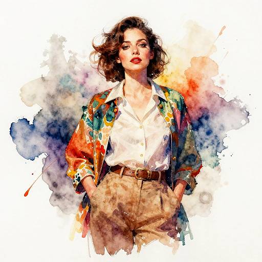 Digital watercolor portrait of a confident woman with wavy brown hair, red lipstick, wearing a colorful patterned jacket, white blouse, and beige high