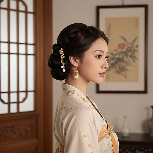 Photograph of an East Asian woman in traditional white silk kimono with floral embroidery, wearing gold earrings and hairpins, standing in a room with wooden