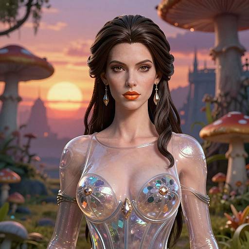 Digital artwork of a stunning, fair-skinned woman with long dark hair, wearing a glossy, reflective, crystal-like bodysuit, standing in a