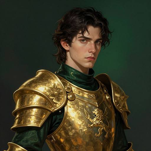 Digital artwork of a handsome young man with wavy black hair, wearing ornate golden armor with a detailed eagle emblem, against a dark green background.