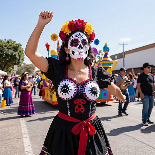 Photograph of a woman in a vibrant Day of the Dead costume with flower crown, face paint, black dress, red ribbon, and raised arm,