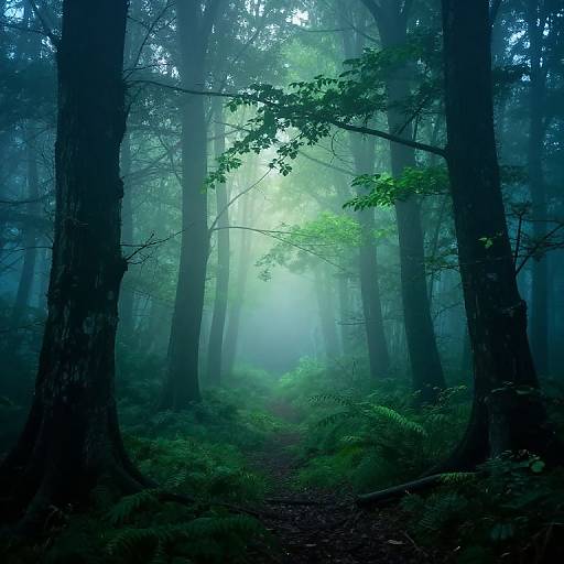 Misty forest photograph with tall, dark trees, vibrant green ferns, and sunlight filtering through dense foliage, creating a serene, ethereal atmosphere.