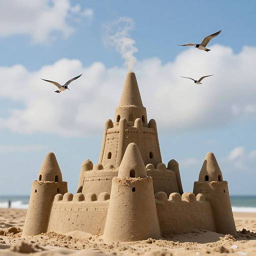Majestic Sandcastle with Soaring Birds