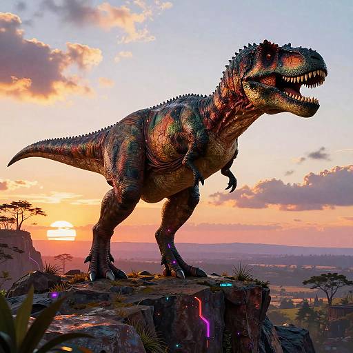 Photorealistic CGI of a colorful, iridescent T-Rex standing on a rocky cliff at sunset, with a vibrant sky and distant landscape.
