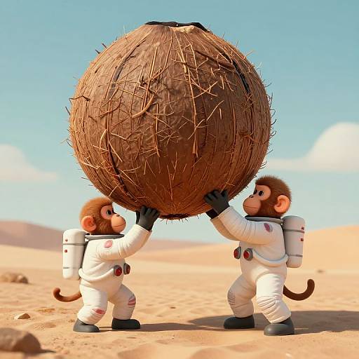 CGI image of two cartoon monkey astronauts in white suits carrying a large, spiky brown coconut sphere in a sunny desert.