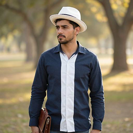 Photograph of a handsome South Asian man with a trimmed beard, wearing a white hat, navy shirt with white vertical stripe, brown leather briefcase,