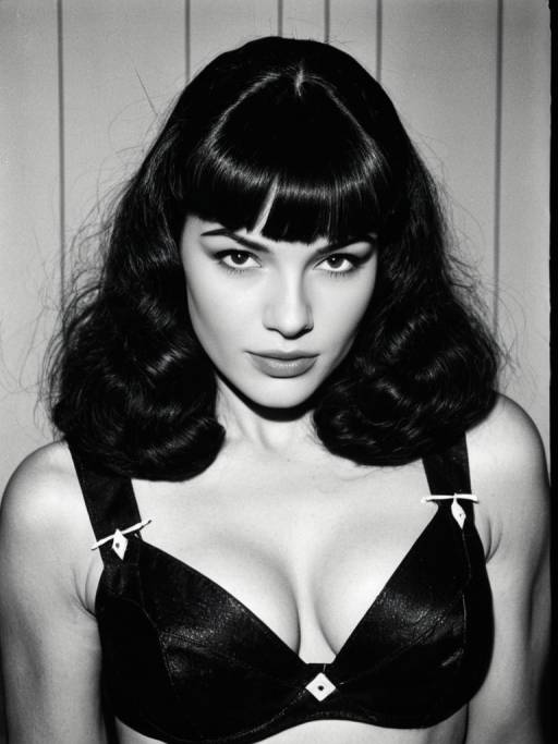 Woman with Bettie Page Bangs Hairstyle in Black Bra