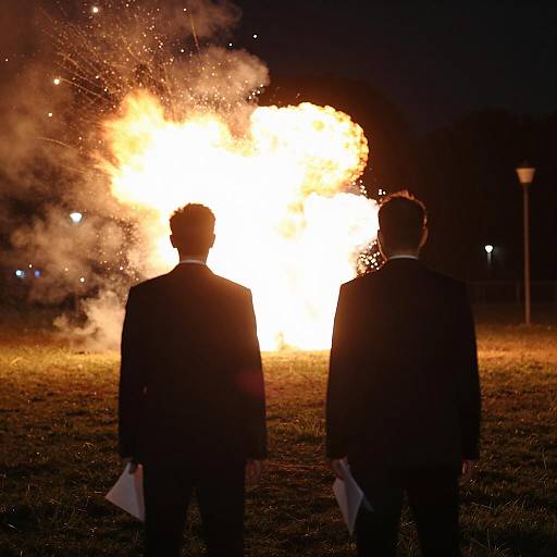 Dramatic Nighttime Explosion with Men in Suits