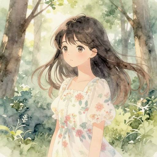 Anime-style digital illustration of a young girl with long brown hair, wearing a floral dress, standing in a sunlit forest.